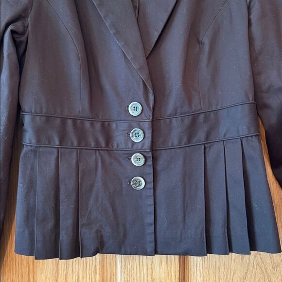 BANDOLINO Stretch 2000s Chocolate Brown PleatedPeplum Jacket Fitted Button Front - Picture 6 of 10